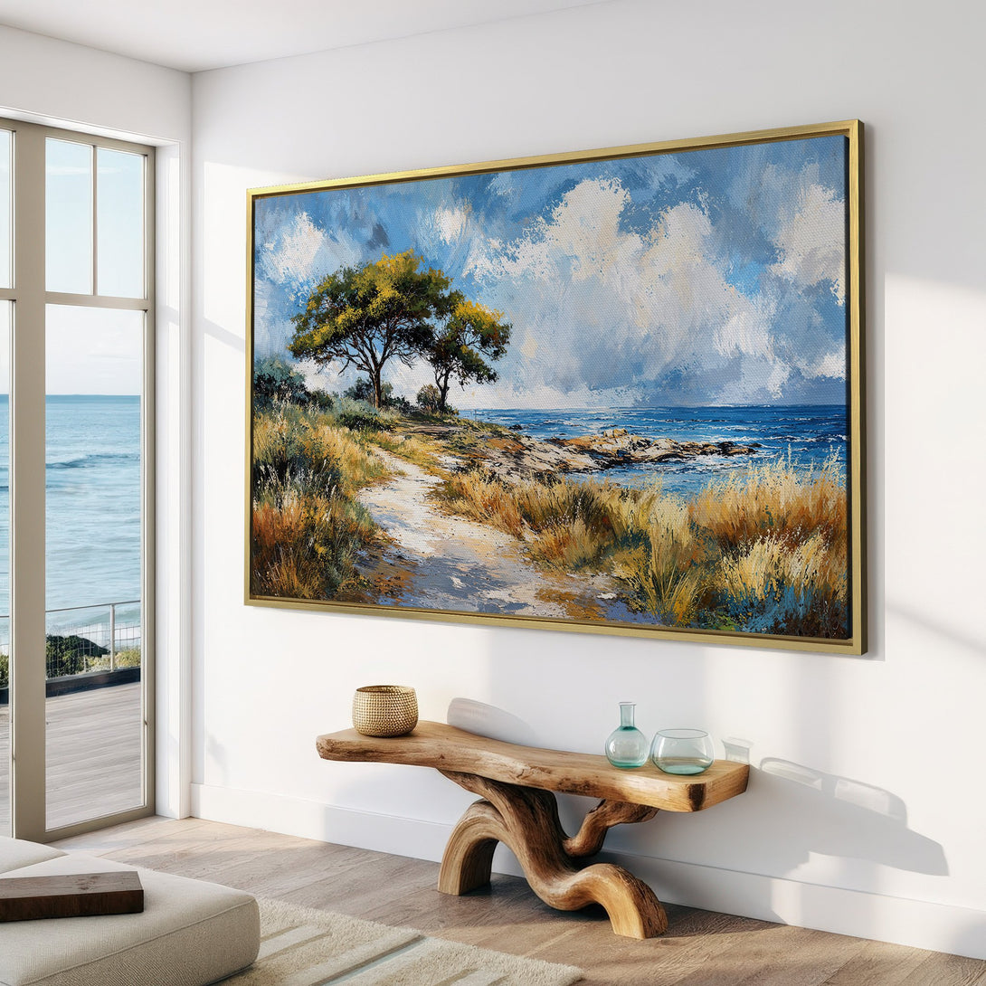 Canvas Print of a coastal landscape painting in blue, green, and neutral tones, perfect for adding a touch of serenity to your home decor.