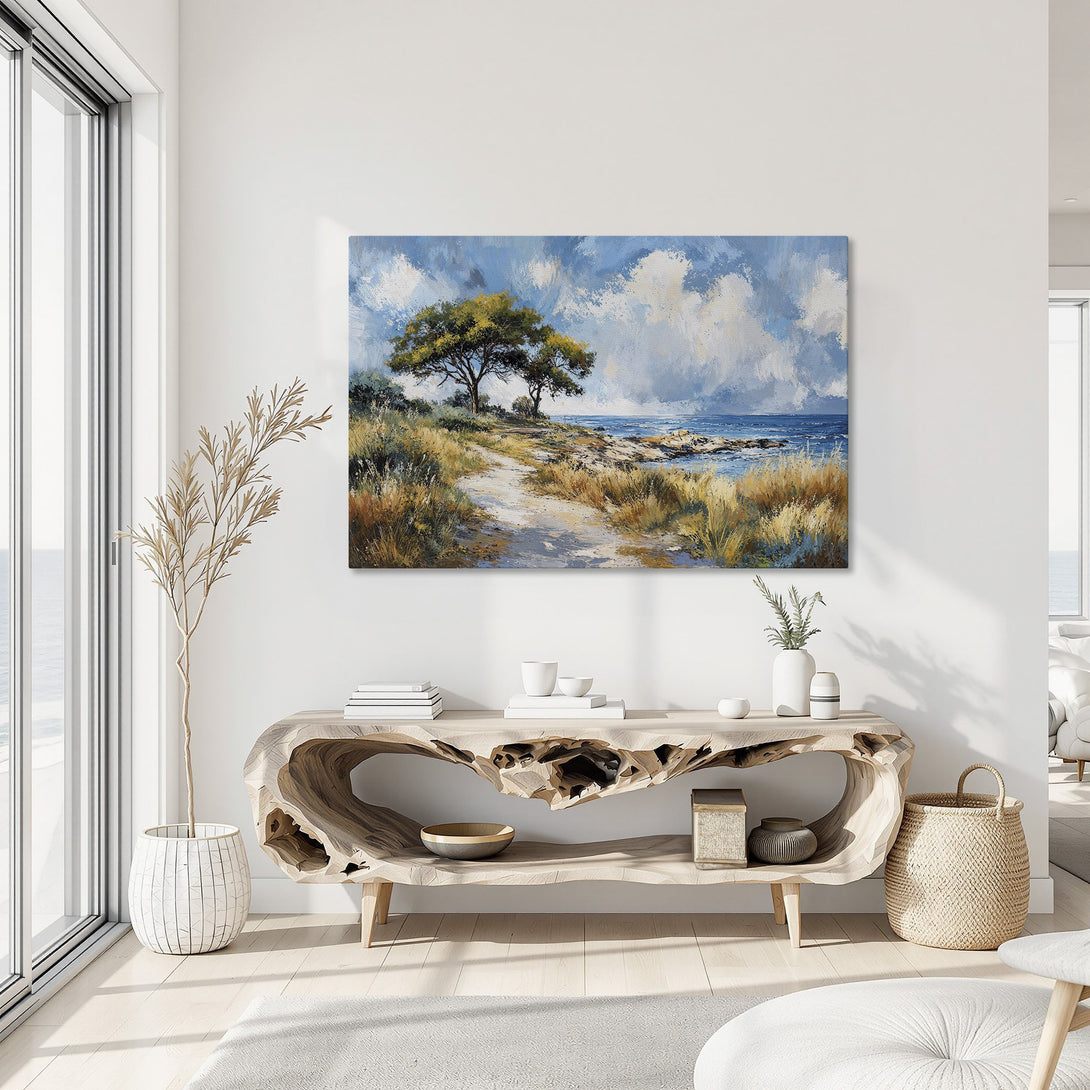 Framed Wall Art featuring a coastal landscape painting in blue, green, and gold hues. Perfect for adding a touch of serenity to any space.