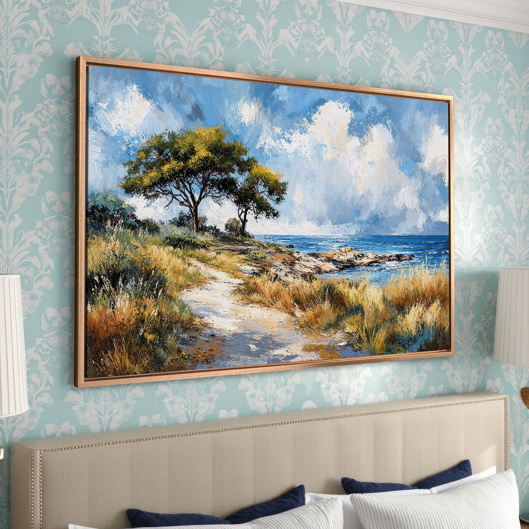 Framed Wall Art: Coastal landscape Canvas Print in impressionist style with blue, green, and gold hues. Perfect art for bedroom decor.