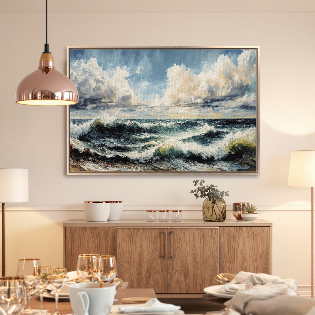 Framed Wall Art: Ocean waves canvas print in blue, white, and green. Coastal artwork adds a touch of serenity to any room. Shop now!