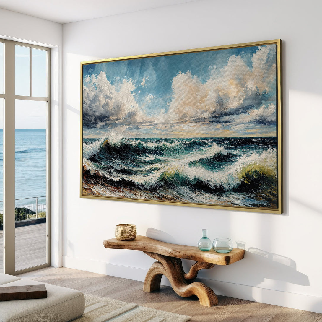 Canvas Print of a dramatic ocean scene, featuring crashing waves and cloudy skies in a blue and neutral color palette, perfect for coastal decor.
