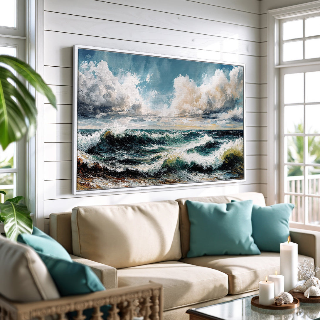 Framed Wall Art featuring an ocean wave painting in a coastal style. Blue, white, and beige color palette, perfect for living room decor.