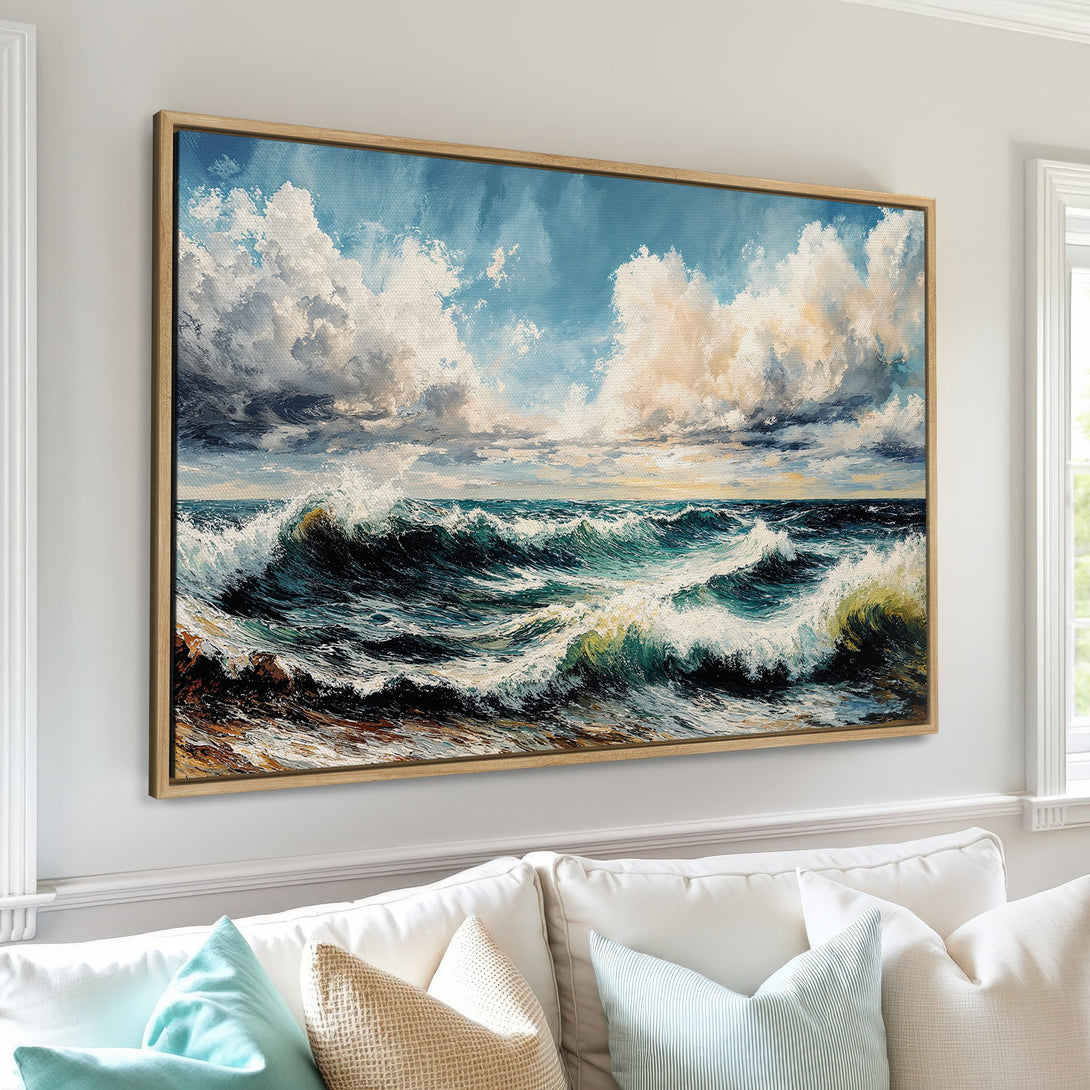 Framed Wall Art: Dramatic ocean waves Canvas Print in blue, white, and gold tones. Perfect coastal decor for a serene living room space.
