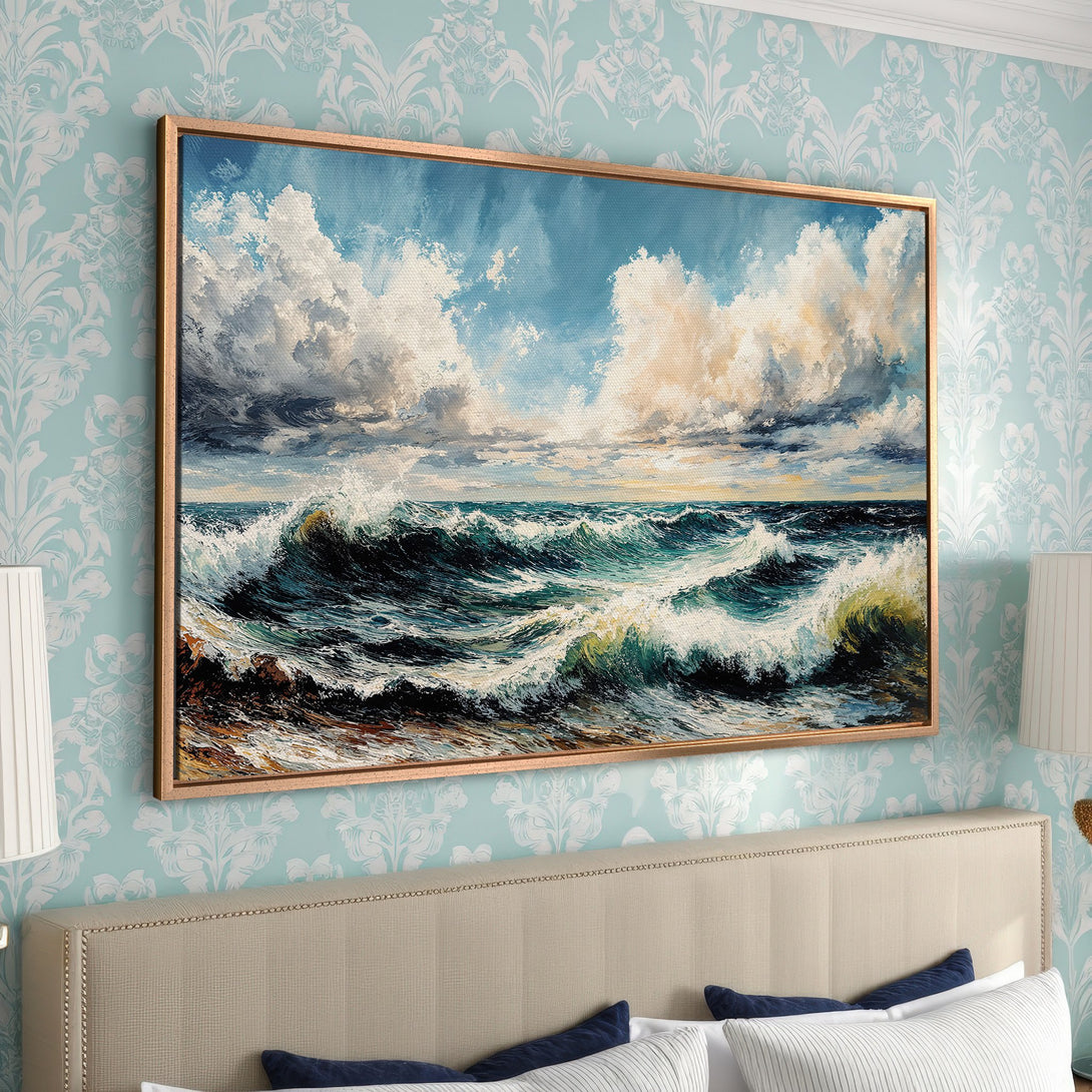 Framed Wall Art: Dramatic ocean waves canvas print in blue and white. Coastal art perfect for bedroom decor.