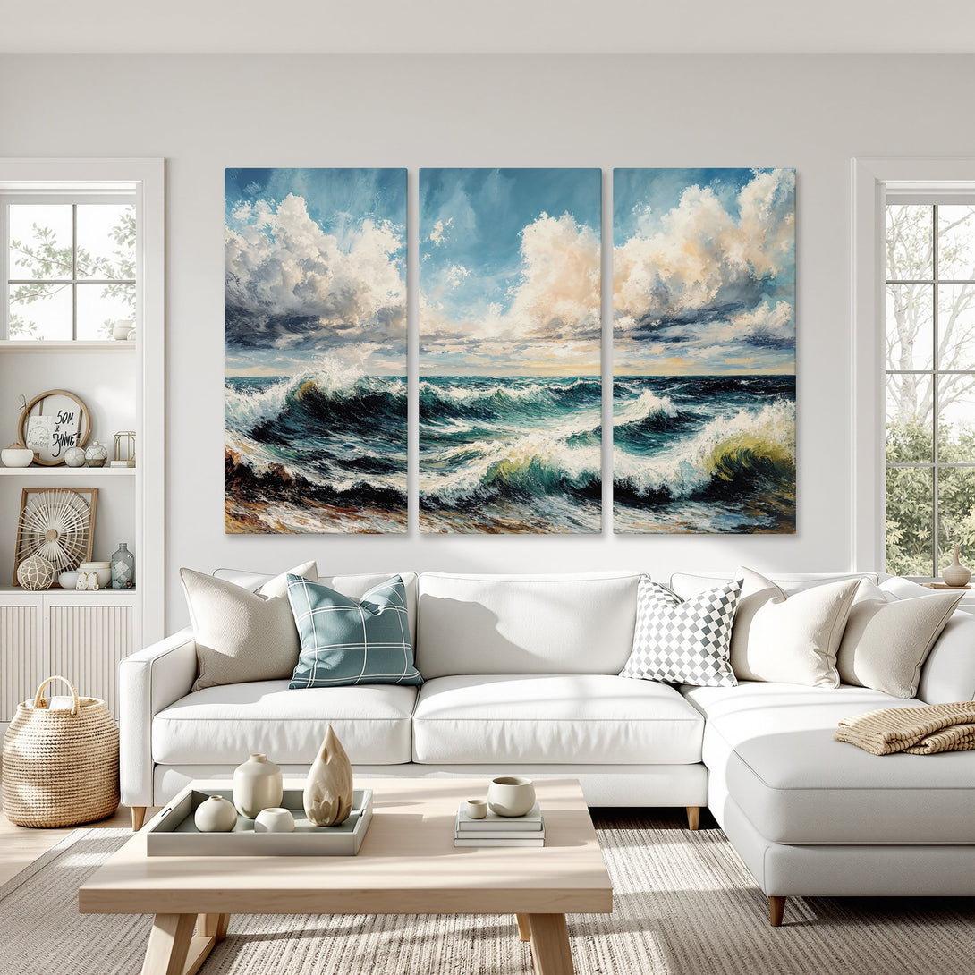 Canvas Print of ocean waves in blues and whites, perfect for coastal decor. Bring the beauty of the sea into your home!