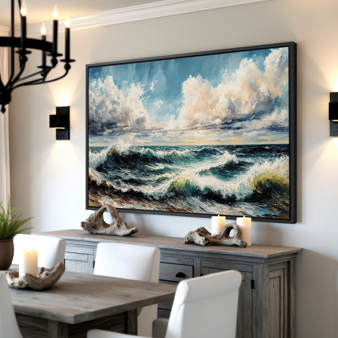 Framed Wall Art: Dramatic ocean waves canvas print in blue, white, and gold tones. Perfect coastal home decor!