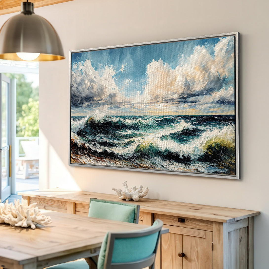 Framed Wall Art: Ocean waves canvas print in a coastal style, featuring blue, white, and yellow hues. Perfect for adding a touch of serenity to your home.