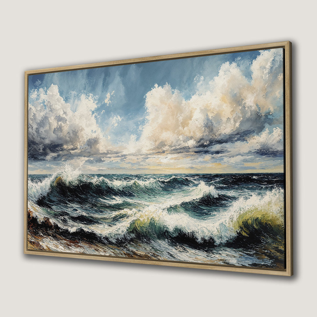 Framed Wall Art: Dramatic ocean waves painting with blue, white, and green hues. Bring the beauty of the sea to your home with this stunning Canvas Print.