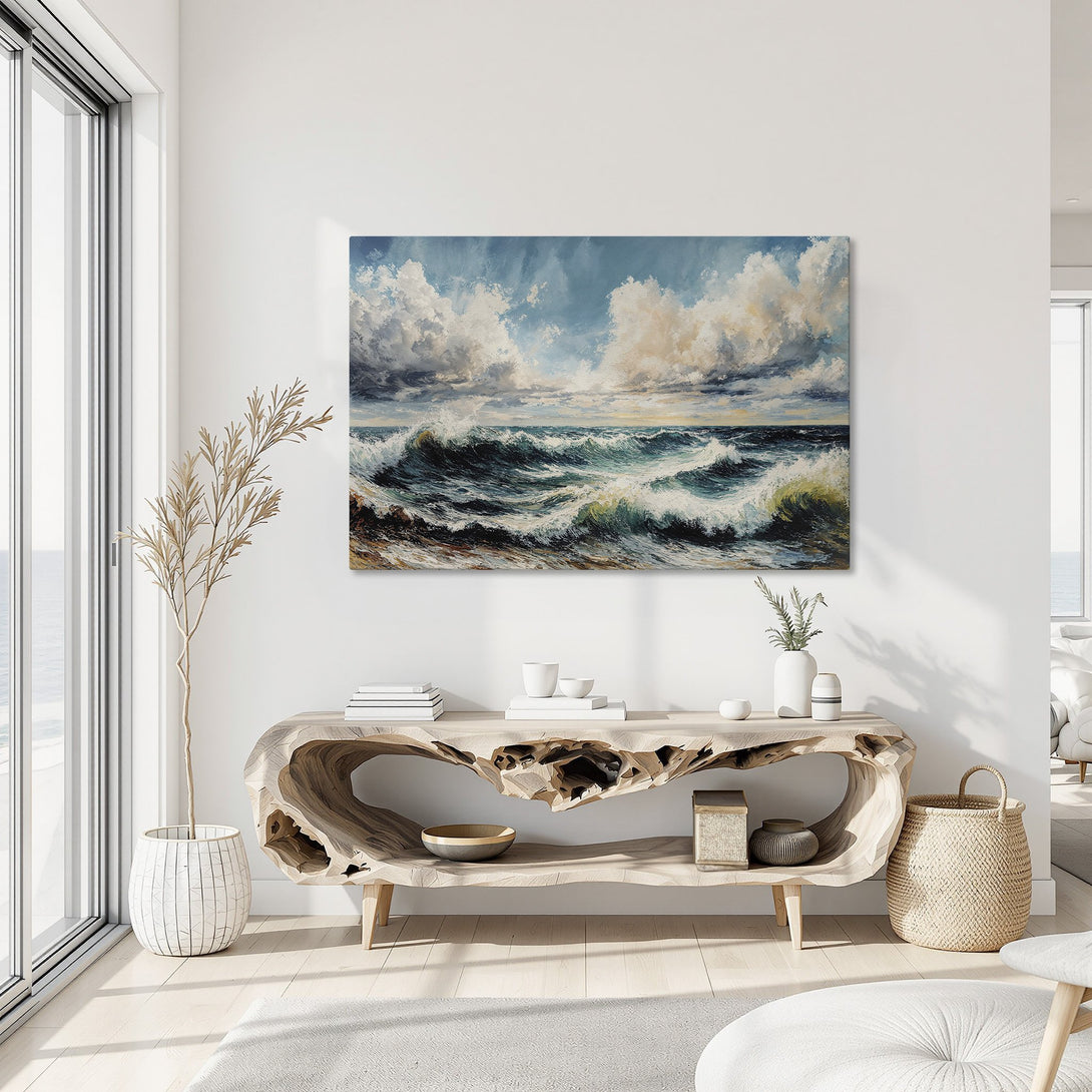 Framed Wall Art: Dramatic ocean wave painting in a coastal interior. Blue, teal, and white color palette. Add coastal vibes to your space!