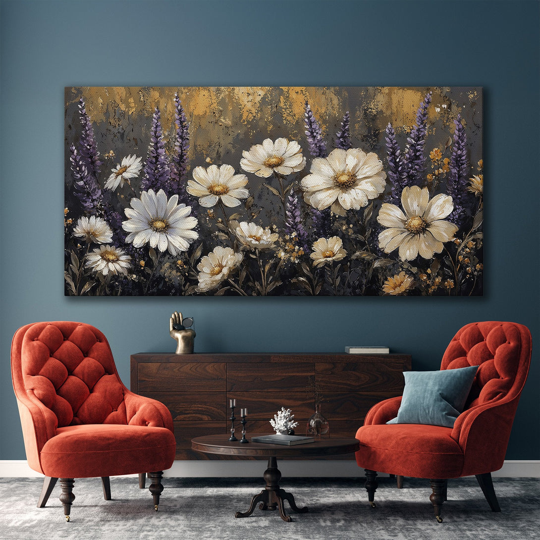 Framed Wall Art: Elegant floral canvas print with white daisies and purple lavender. Modern style, rich gold, grey, and cream color palette. Perfect home decor.