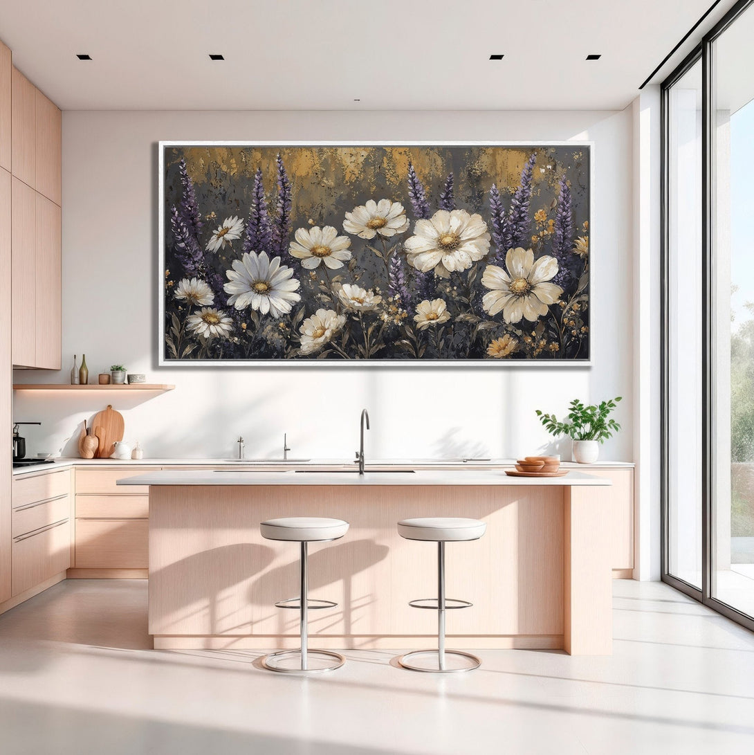 Framed Wall Art: Floral painting with white daisies and lavender, displayed in a modern kitchen. Neutral color palette with pops of gold and purple.