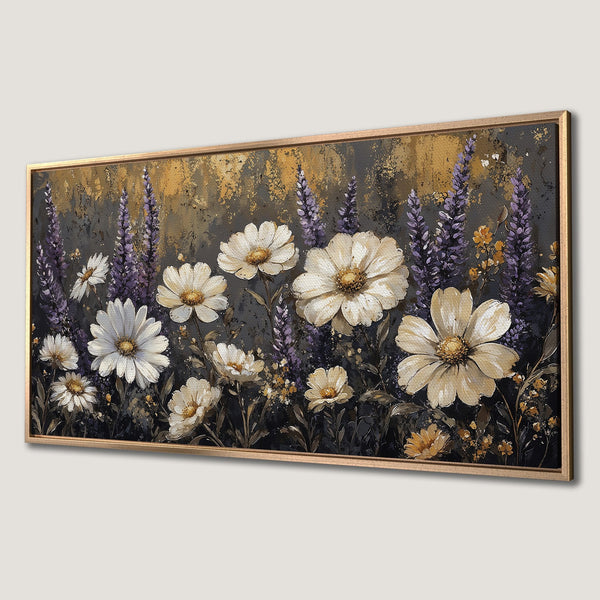 Framed Wall Art: Floral painting with white daisies and lavender on a dark, textured background. Warm gold and purple color palette.