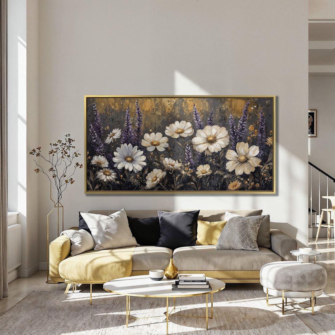 Canvas Print featuring elegant white floral art with purple accents, set against a dark, textured background. Adds a touch of sophistication.