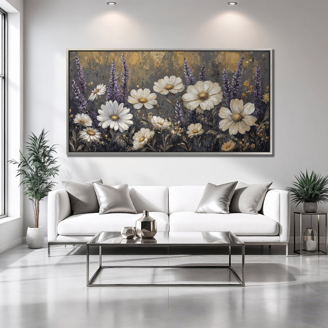 Framed Wall Art featuring white floral painting with purple accents, displayed in a modern living room. Neutral color palette, perfect for home decor.