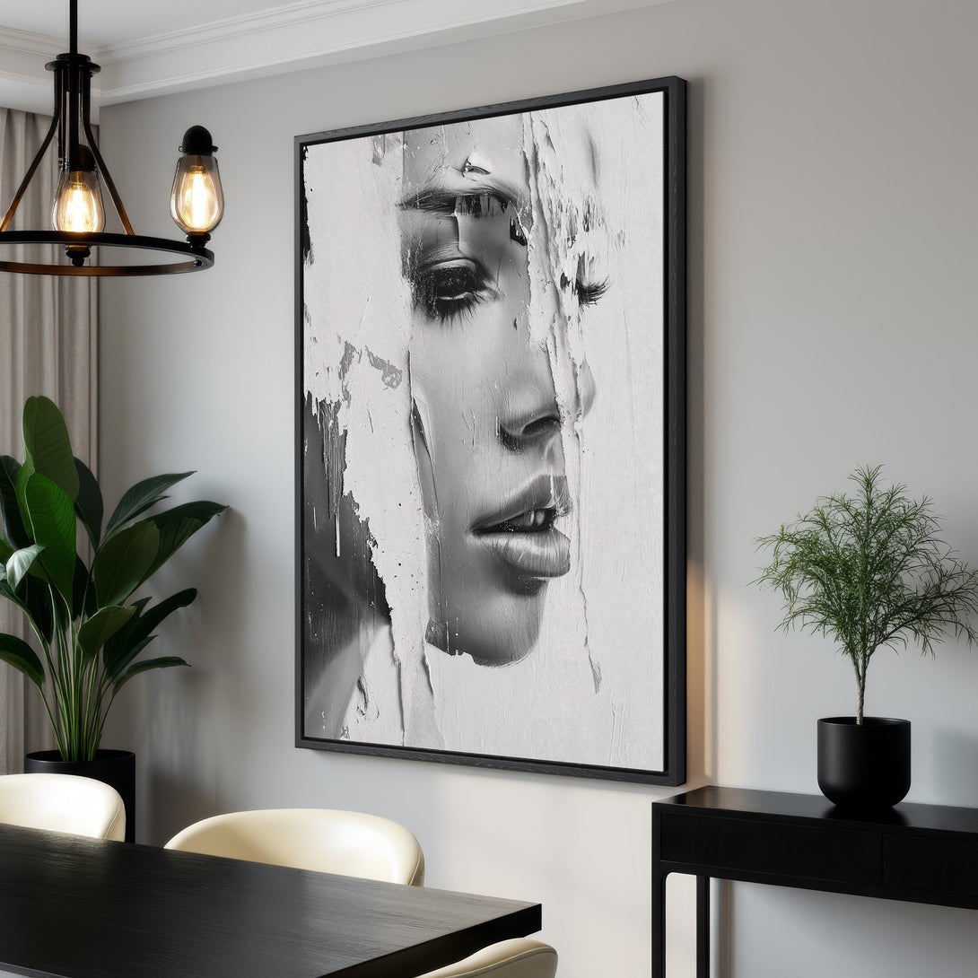 Framed Wall Art: Abstract portrait Canvas Print in black and white, perfect for modern interior decor. Shop now for stunning wall art!