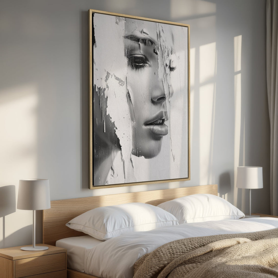 Framed Wall Art featuring a striking black and white portrait. Modern abstract style canvas print with a neutral color palette, perfect for bedroom decor.