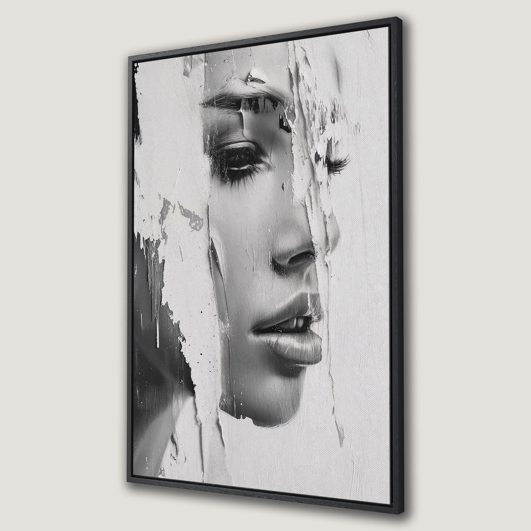 Framed Wall Art featuring a black and white abstract portrait of a woman. Modern art style, perfect for adding a touch of elegance to any space.