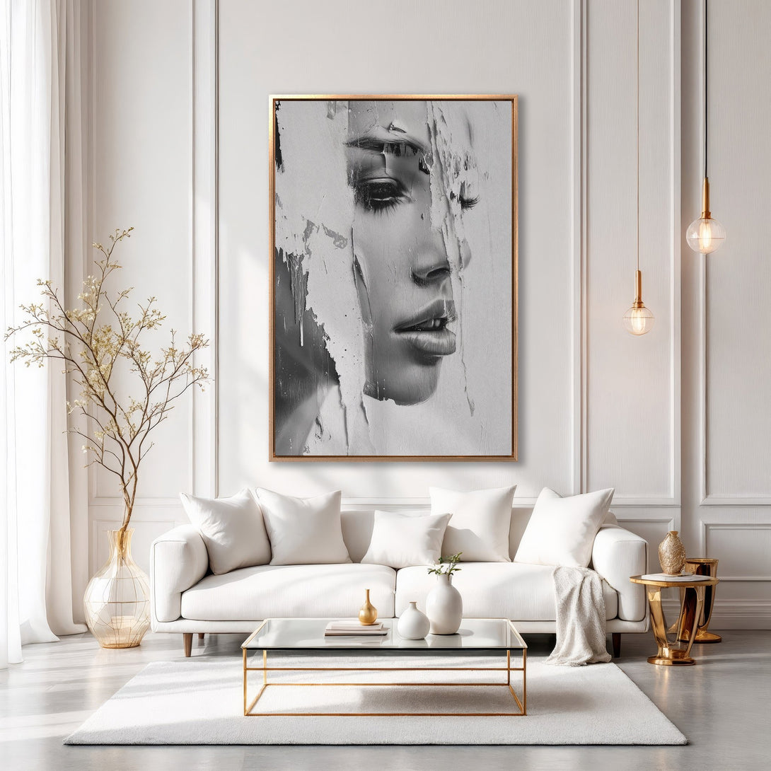Framed Wall Art: Abstract black and white portrait canvas print. Modern art in a minimalist interior with gold accents. Elevate your space with this stunning piece.