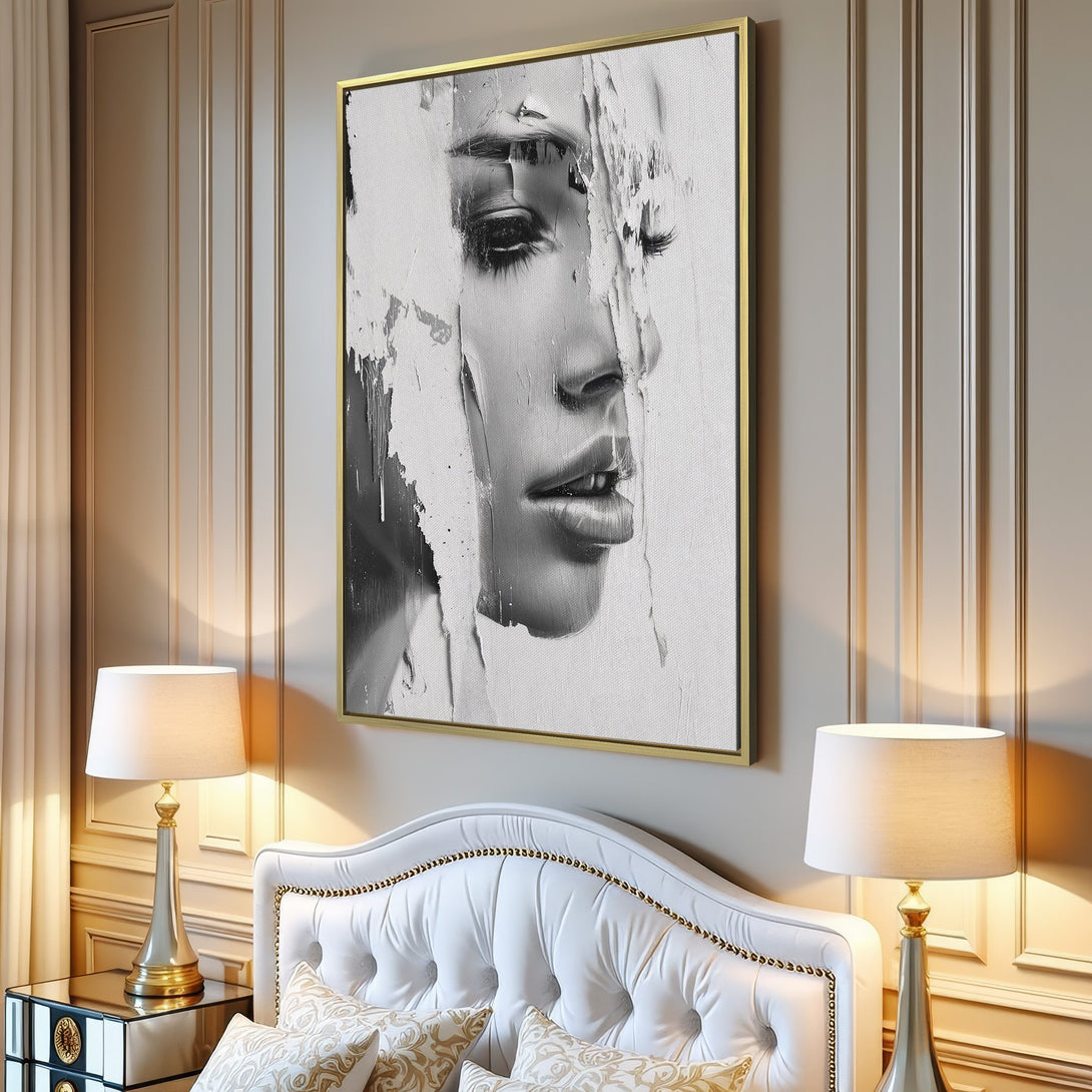 Canvas Print: Abstract portrait in grayscale, showcasing a woman's face. Modern art for your home. Black and white wall decor.