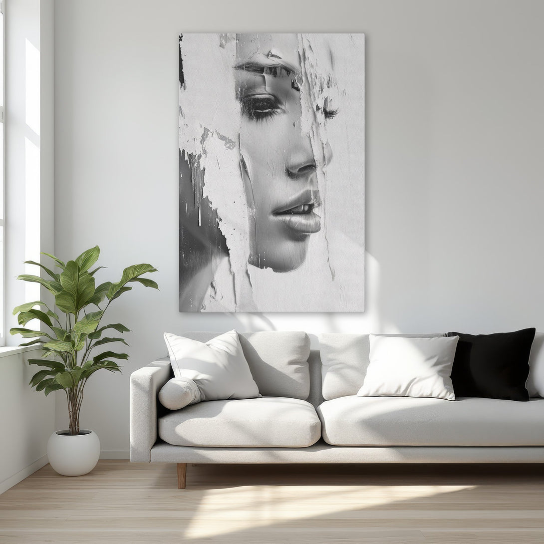 Framed Wall Art: Abstract black and white portrait canvas print. Modern art piece with neutral color palette, perfect for bedroom decor.