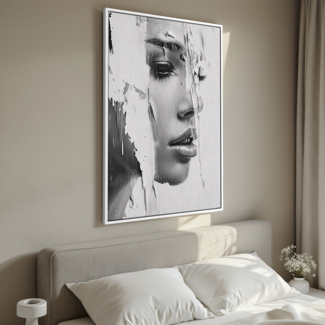 Framed Wall Art: Abstract black and white portrait canvas print. Modern art for bedroom decor. Neutral color palette, minimalist style.