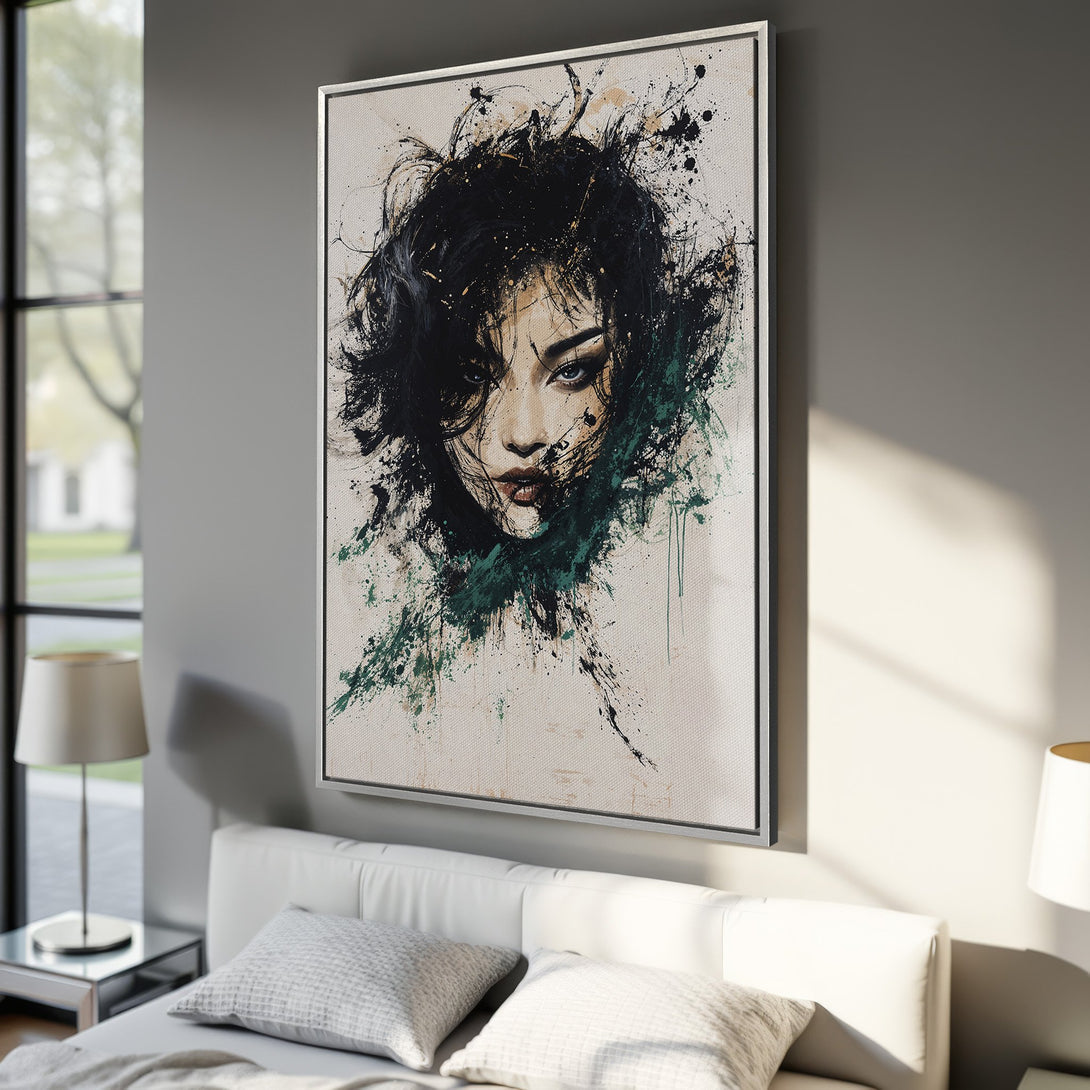 Framed Wall Art featuring an abstract portrait of a woman. Dramatic art style with black, green, and neutral color palette. Perfect for modern decor.