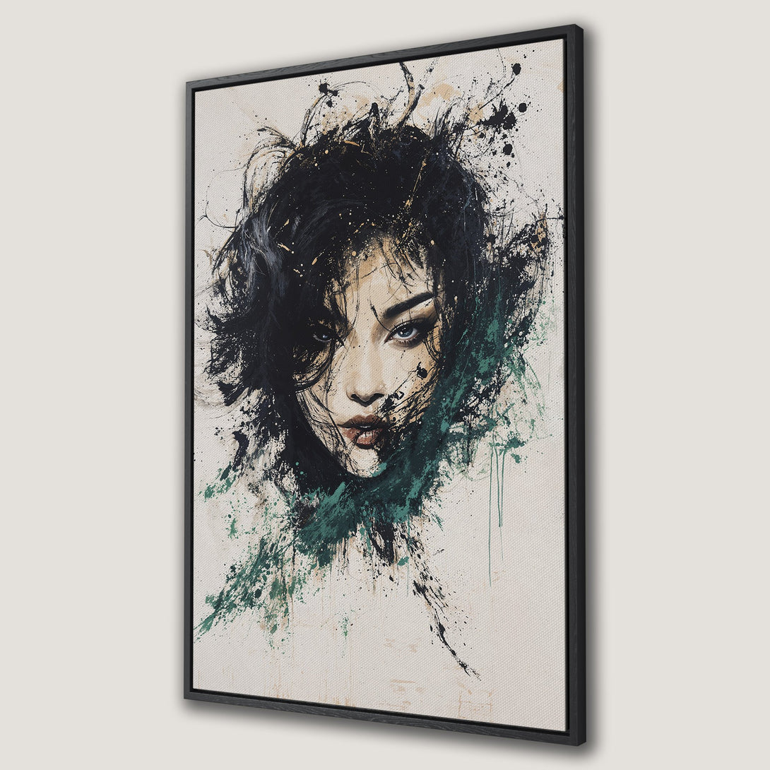 Framed Wall Art of a woman's face in abstract style. Black, green, and beige color palette. Modern canvas print for your home decor.