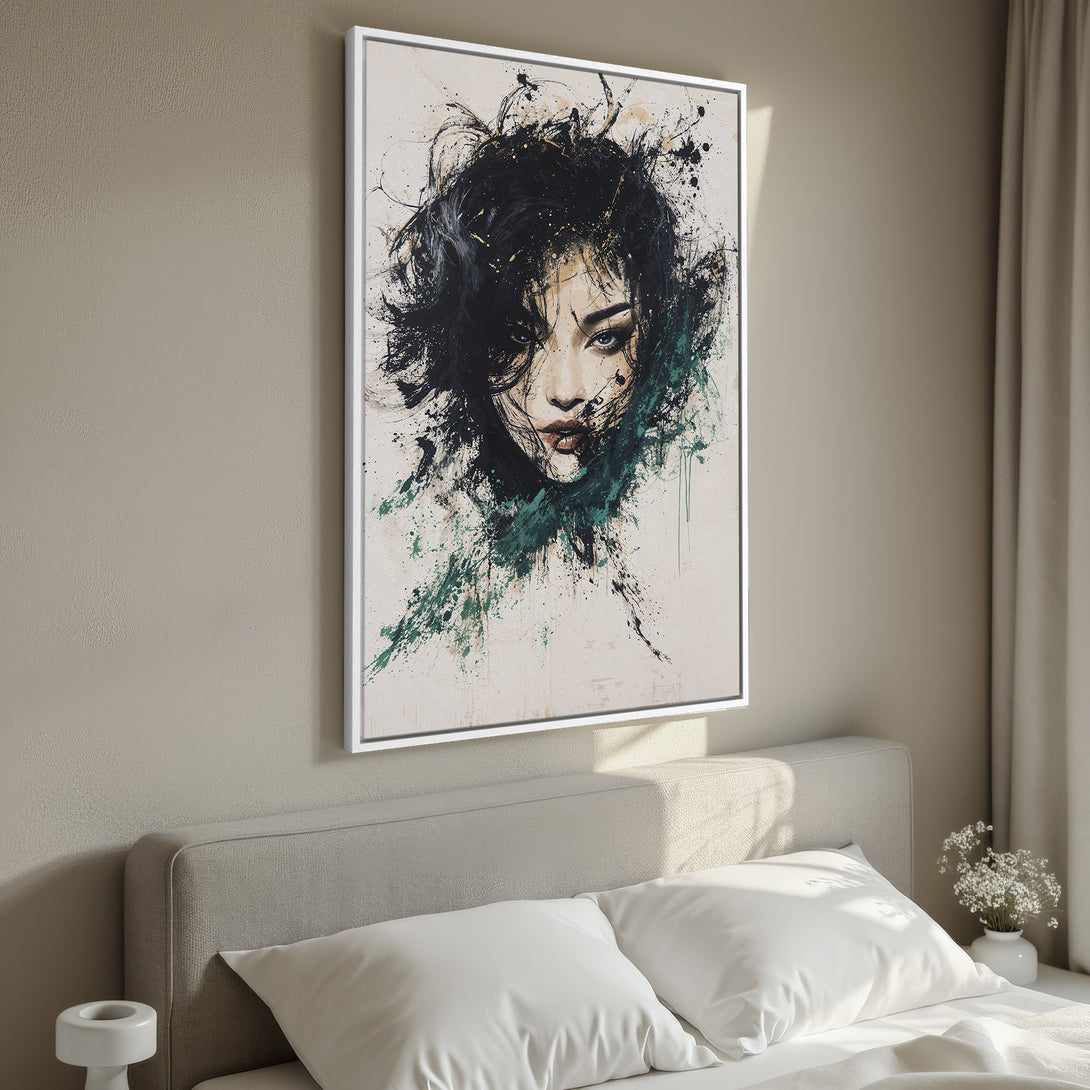 Framed Wall Art: Abstract woman portrait in black, green, and beige. Modern art canvas print for bedroom decor.