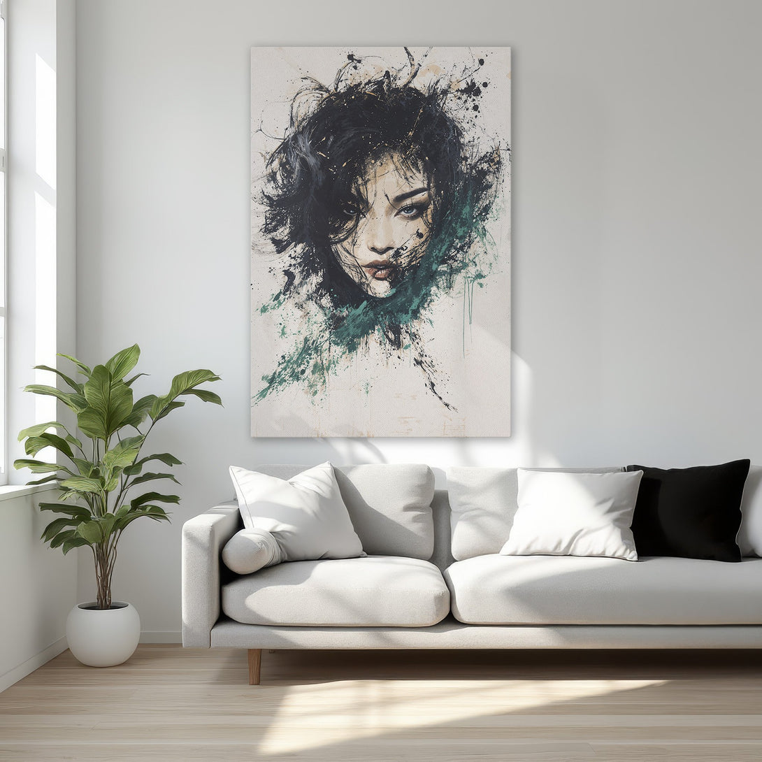 Framed Wall Art: Abstract portrait canvas print with black, green, and beige tones. Modern art for bedroom decor. Elevate your space!