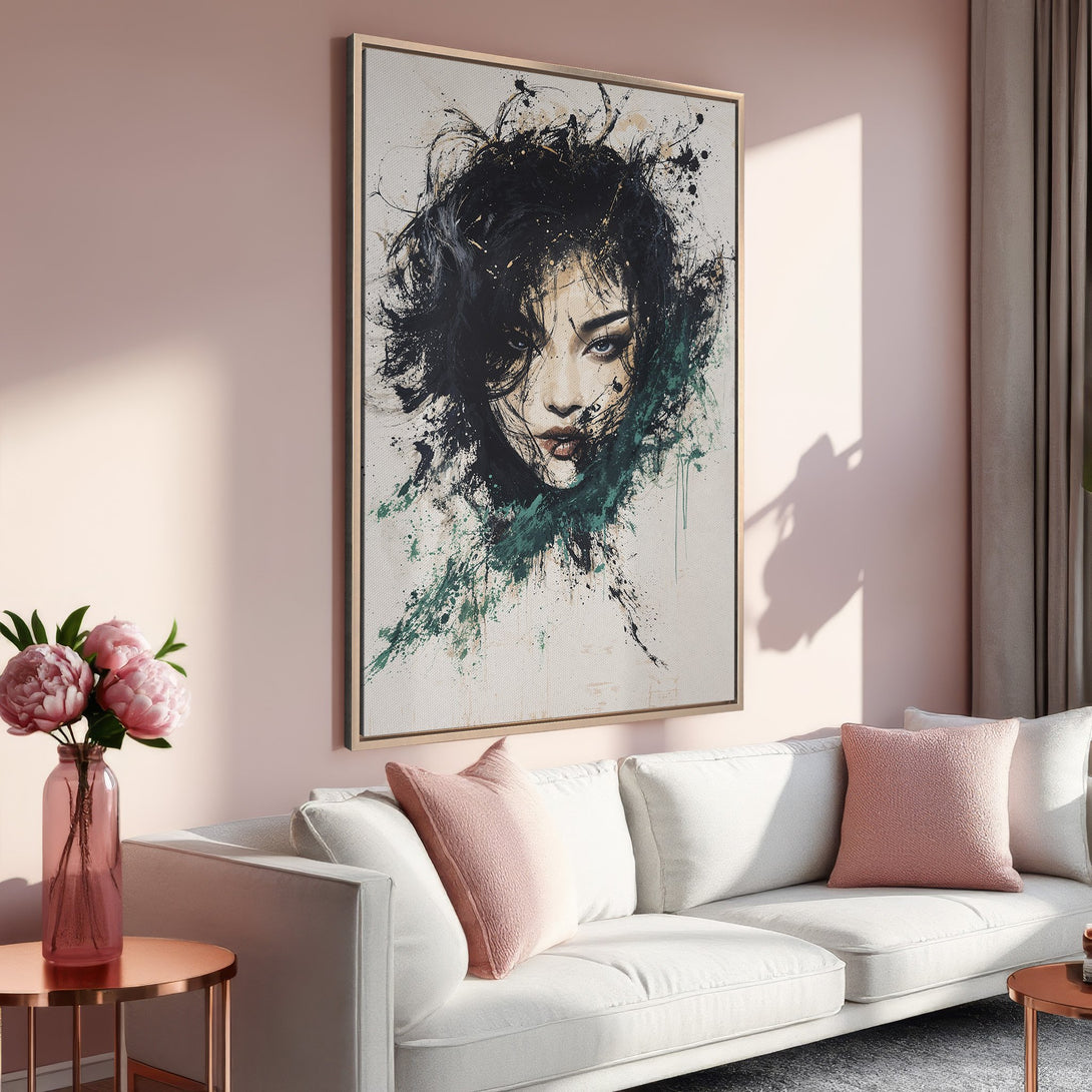 Framed Wall Art: Abstract portrait canvas print with a woman's face, featuring a black, green, and white color palette. Modern art for your home.