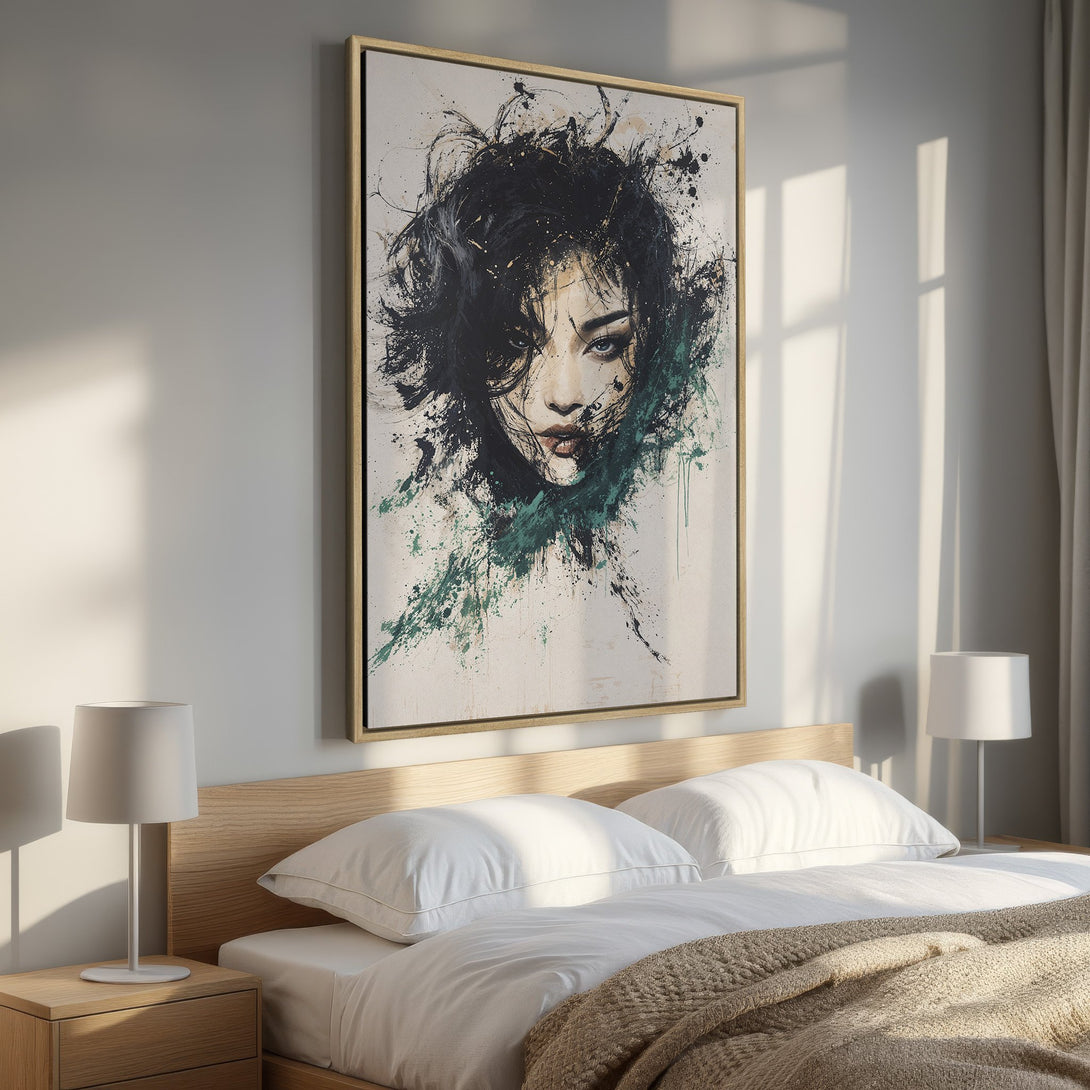 Framed Wall Art: Abstract portrait in black, green, and neutral tones. Modern art canvas print adds elegance to a bedroom interior.