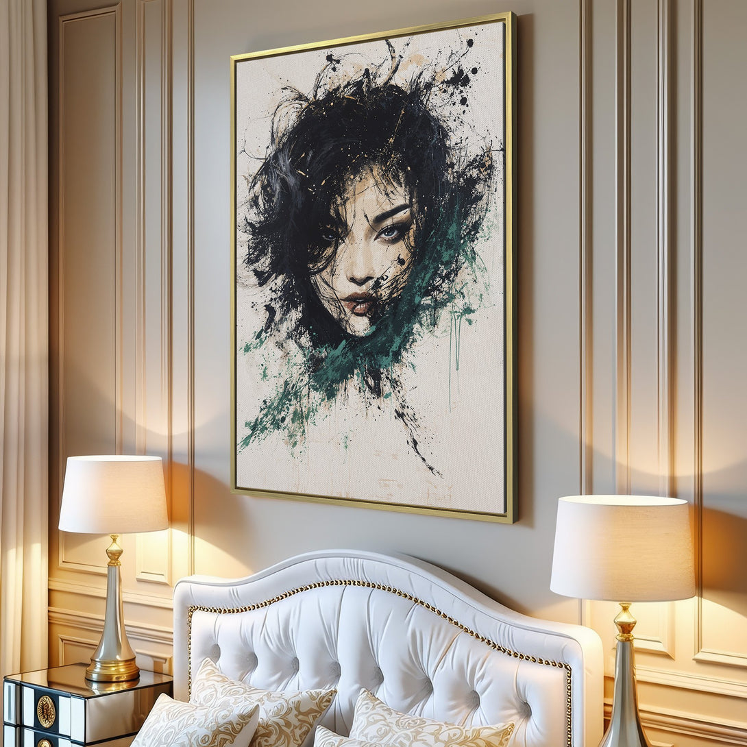 Canvas Print of a woman's face, abstract style, with black, teal, and neutral tones. Modern wall art for your home decor.