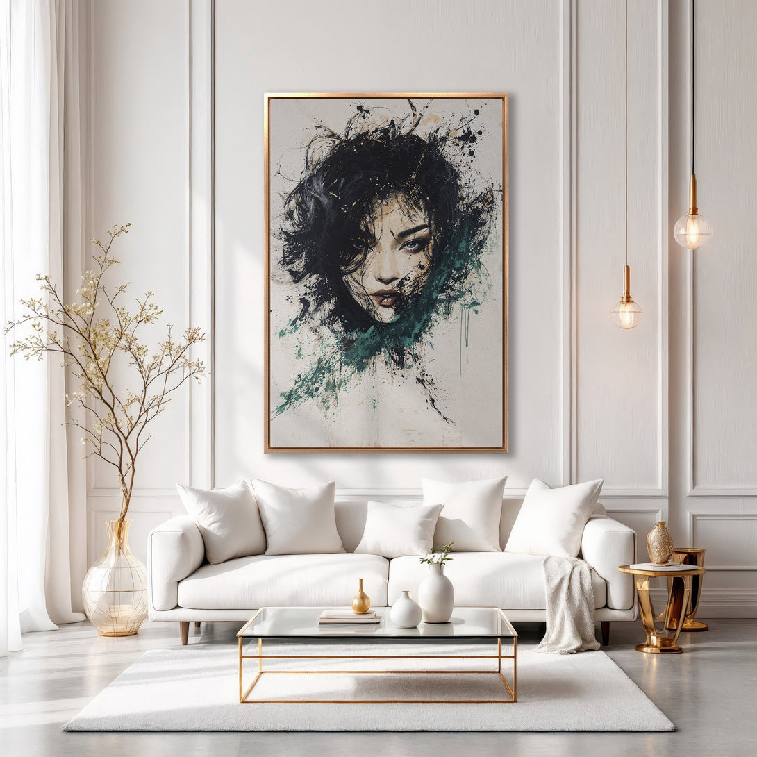 Framed Wall Art featuring an abstract portrait in black, green, and white. Modern art canvas print adds elegance to a minimalist interior.