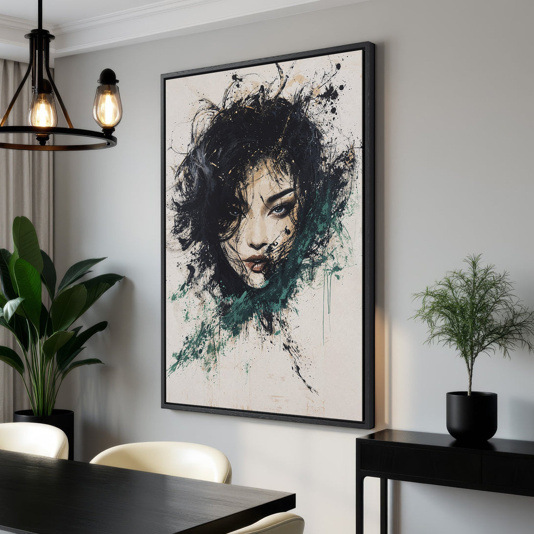 Framed Wall Art: Abstract portrait canvas print with black, green, and neutral tones. Modern art for living room or bedroom decor. Shop now!