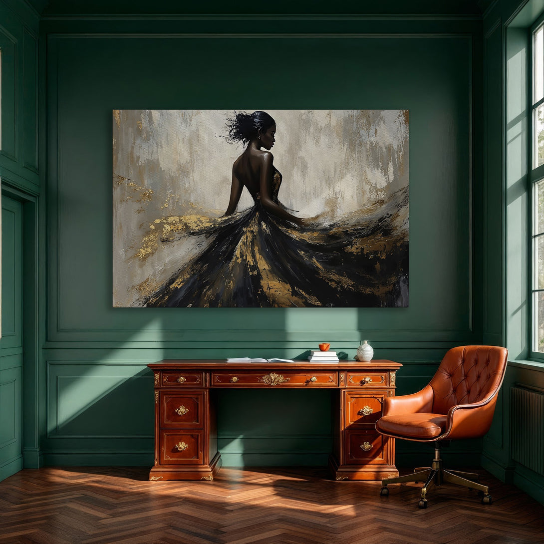 Framed Wall Art: Abstract woman in black and gold dress. Elegant canvas print in a dining room setting, neutral color palette.