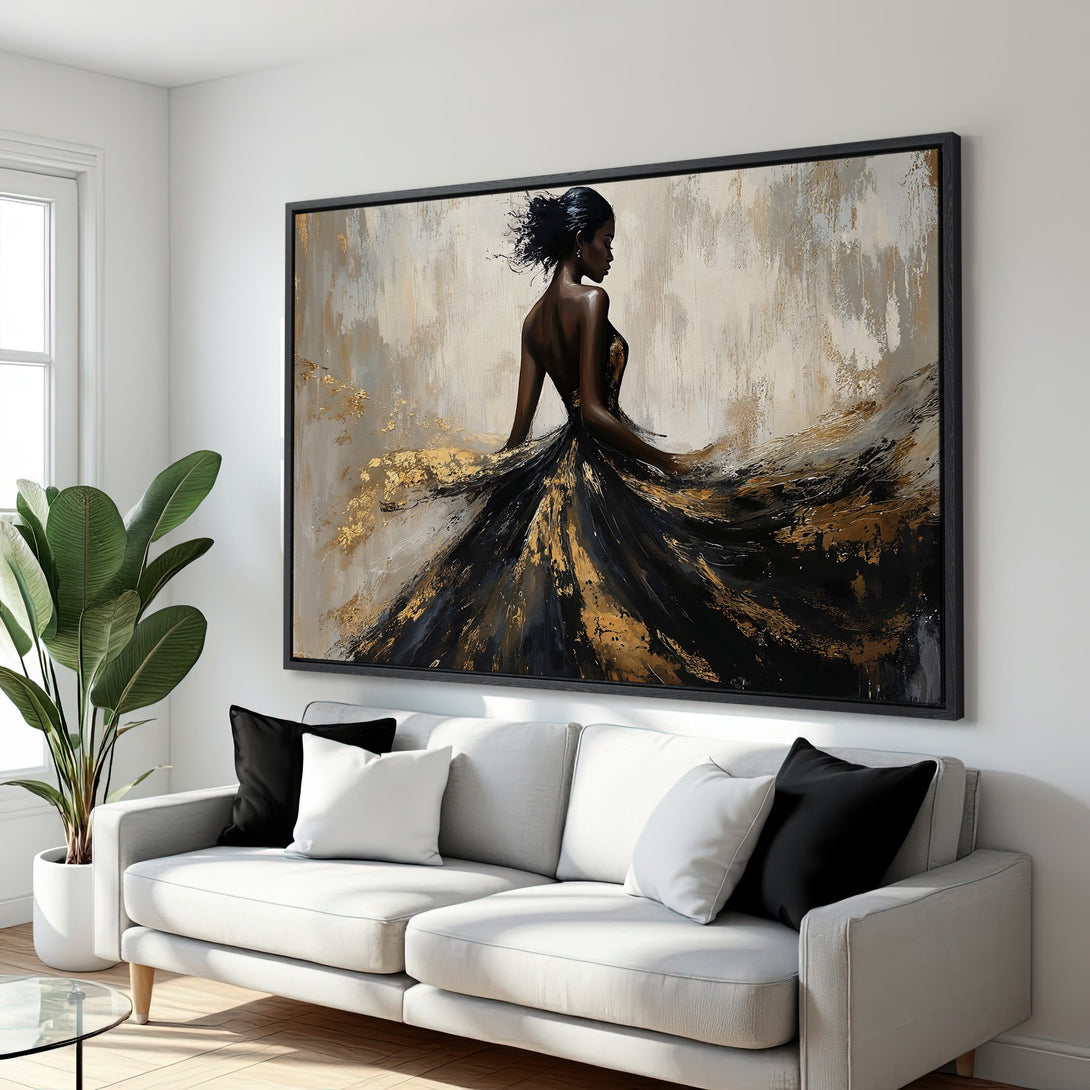 Framed Wall Art: Elegant woman in black & gold dress, abstract art style. Neutral color palette with gold accents. Perfect for living room decor.