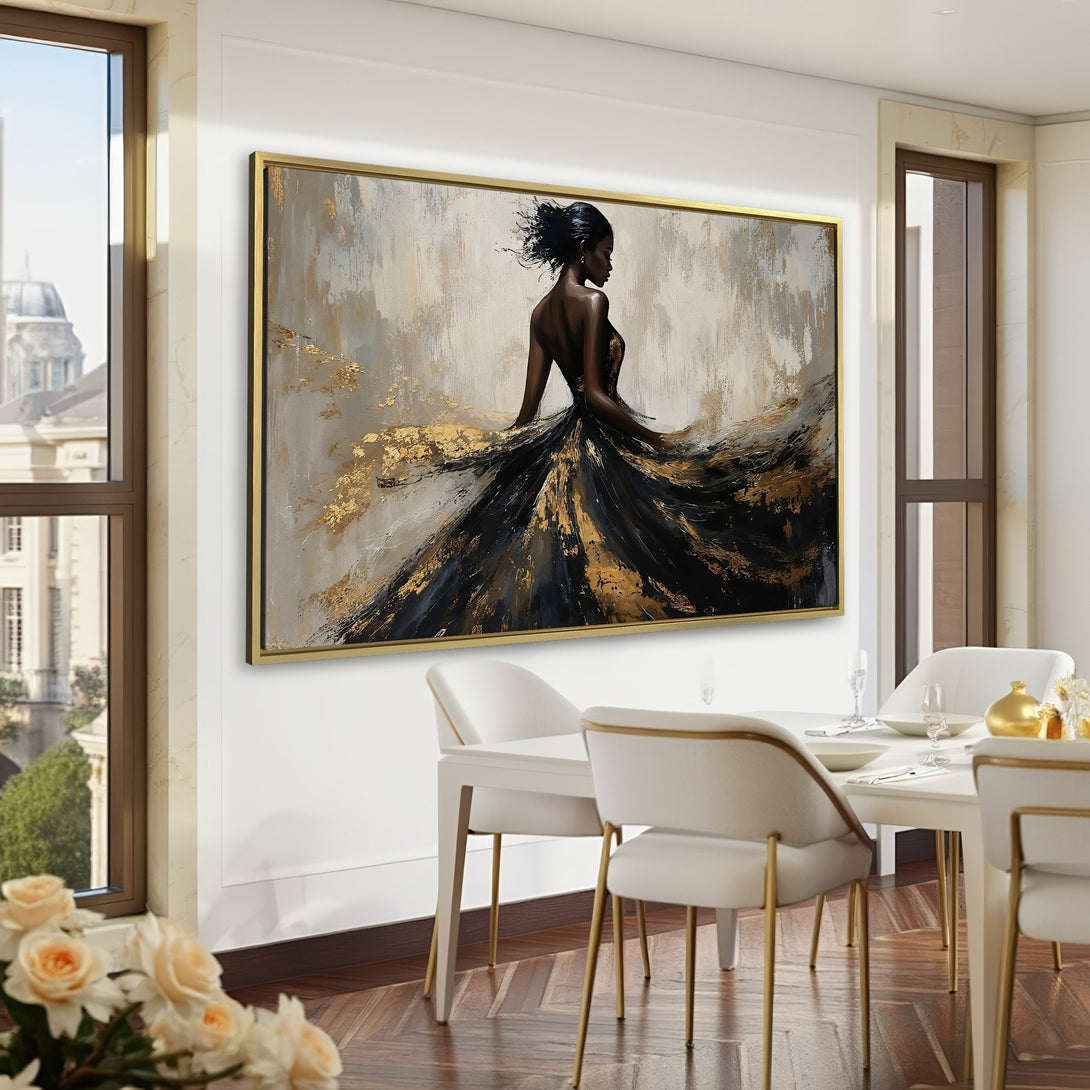 Canvas Print of elegant woman in black and gold dress. Abstract art style with neutral and dark color palette, displayed in a stylish interior.