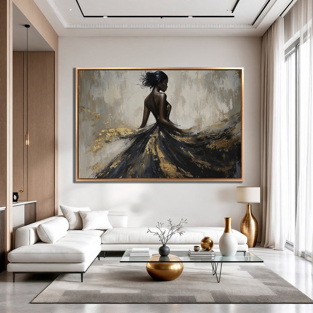 Framed Wall Art: Elegant woman in black & gold dress, abstract style. Neutral tones with gold accents create a luxurious, modern aesthetic. Perfect for home decor.