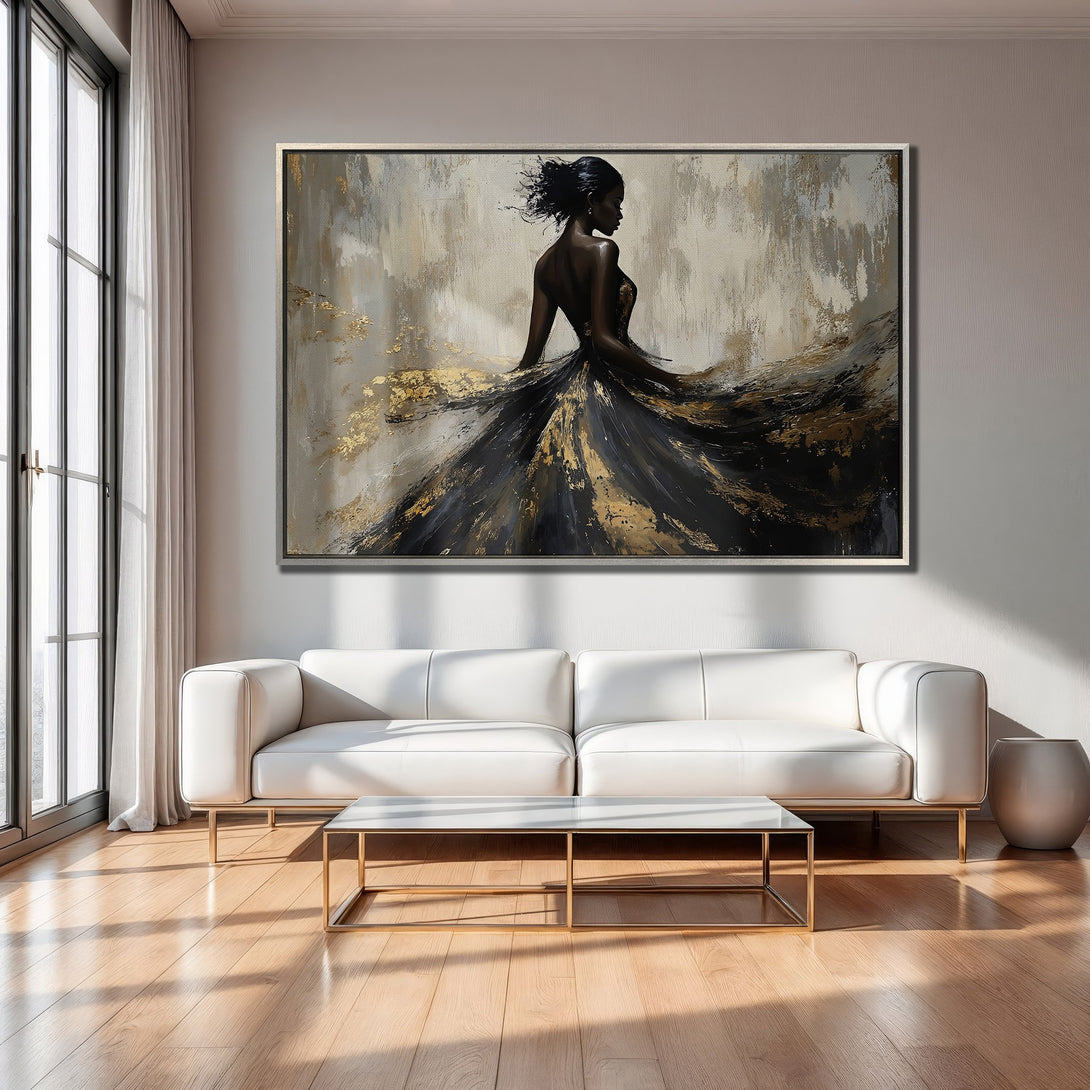 Framed Wall Art: Elegant woman in black and gold dress, abstract style, neutral and gold color palette, perfect for living room decor.