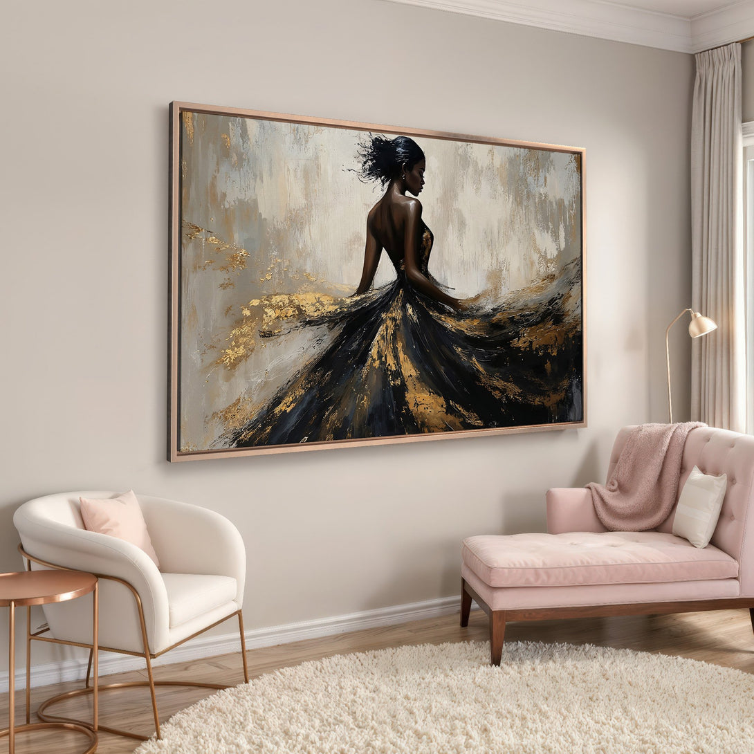 Framed Wall Art: Elegant woman in black & gold dress. Abstract style, neutral & gold tones. Perfect for modern home decor. Shop now!