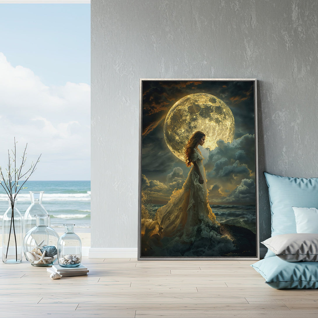 Framed Wall Art featuring a woman and moon, dreamy style. Warm gold, blue, and neutral tones create a calming ambiance. Perfect for your home decor!