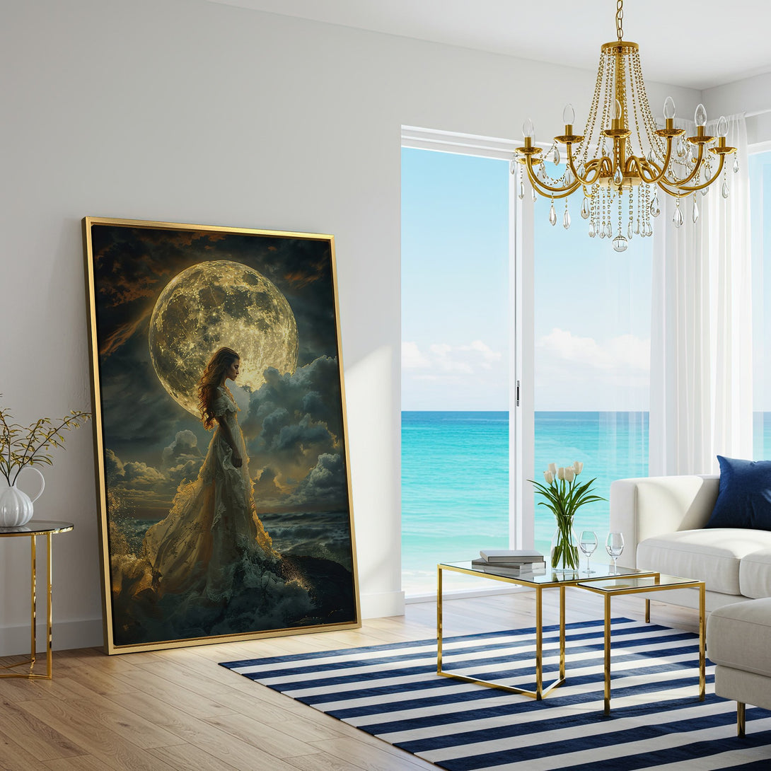 Canvas Print featuring a woman before the moon in a dreamy, ethereal style, with a warm, golden and blue color palette. Perfect wall art!