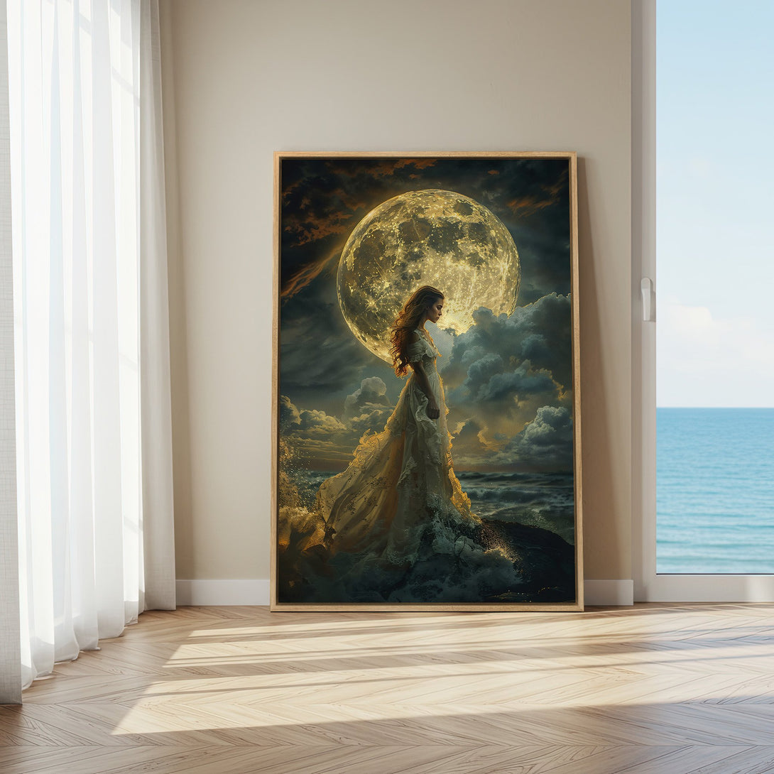 Framed Wall Art: Woman by the moon. Romantic, ethereal style with a warm, golden color palette. Perfect for adding a touch of magic to any space.