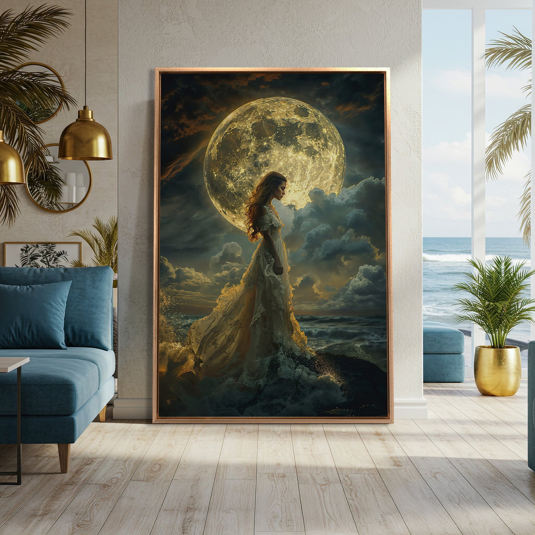 Framed Wall Art: Stunning woman with moon in a dreamy, romantic style. Warm gold, blue, and neutral tones create a serene atmosphere. Perfect for any space!
