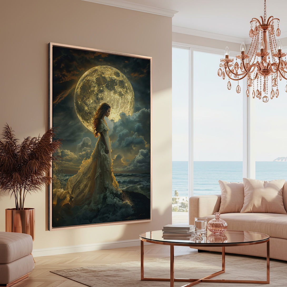 Framed Wall Art: Romantic woman under a full moon. Dreamy, ethereal art in a warm, neutral color palette. Perfect for adding a touch of elegance.