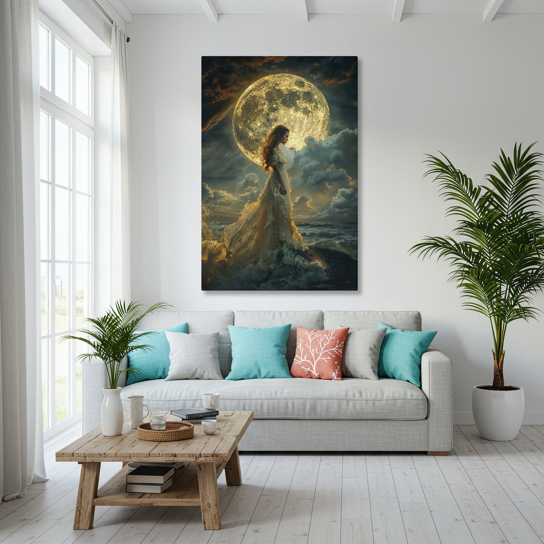 Framed Wall Art featuring a woman and moon in a fantasy style, gold and neutral tones. Coastal interior design inspiration.