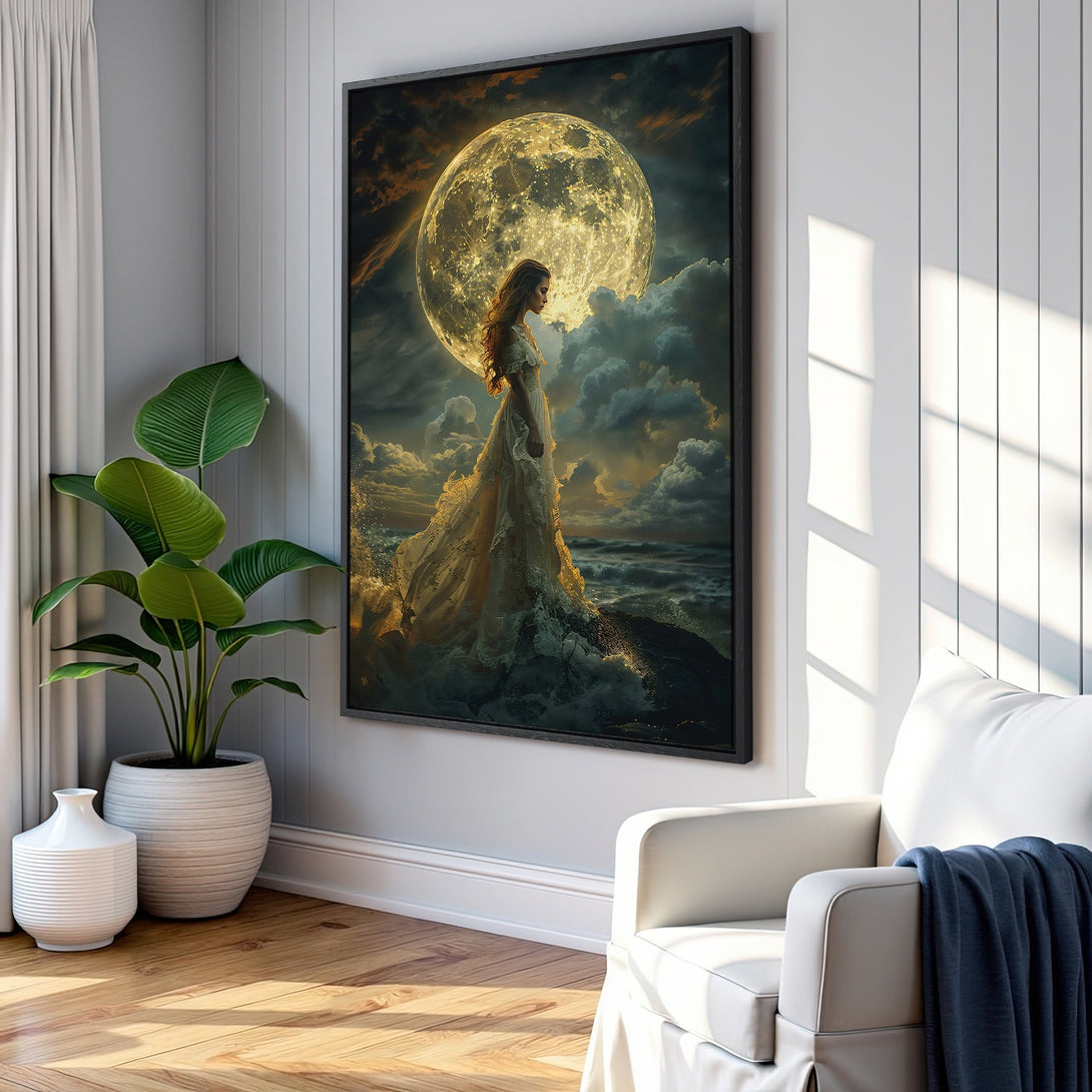 Framed Wall Art: Dreamy woman stands before a moonlit sky. Romantic art in gold, blue, and white tones. Perfect for adding a touch of magic to your space.