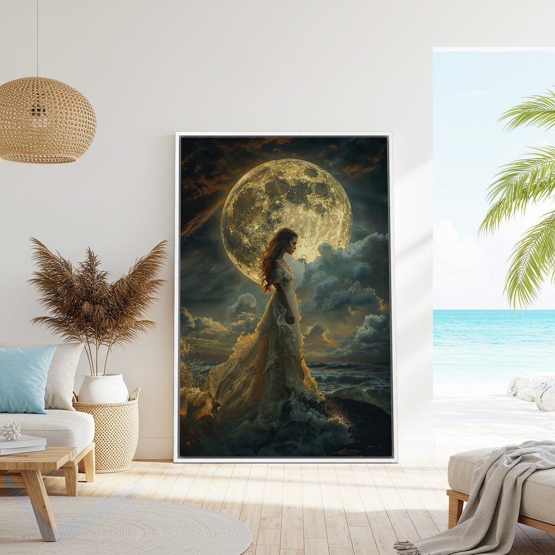 Framed Wall Art featuring a woman before a moonlit sky, in an ethereal style with gold, blue, and dark tones, perfect for coastal decor.