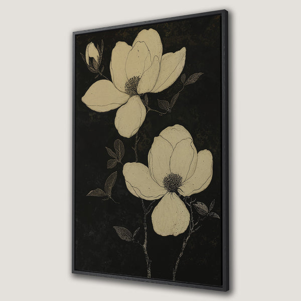 Framed Wall Art featuring elegant magnolia flowers in a minimalist style. Neutral beige and black color palette adds a touch of sophistication to any space.