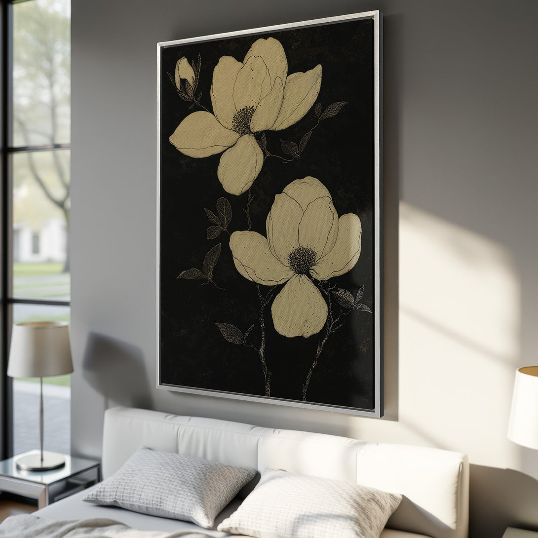 Framed Wall Art featuring elegant floral illustration in gold and black. Perfect for modern decor. Shop our Canvas Print collection today!